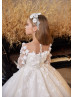 Long Sleeves Beaded White Lace Tulle Floral Flower Girl Dress